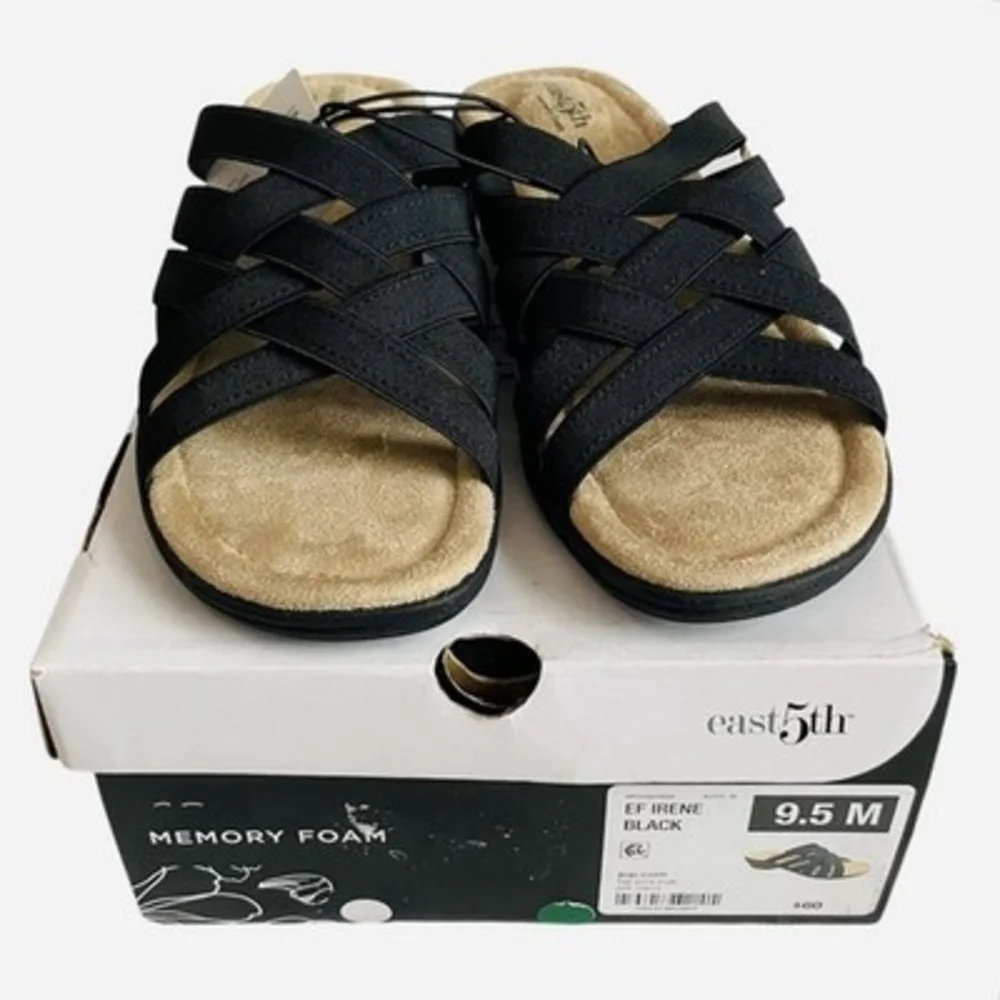 East 5th Irene Women's Black Strappy Memory Foam Slide Sandal Size 9.5 M NIB
